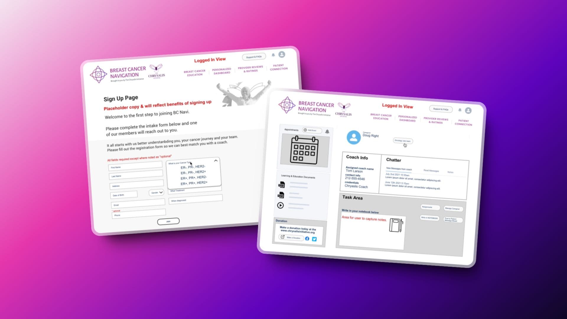 Sign up page and logged-in view wireframes