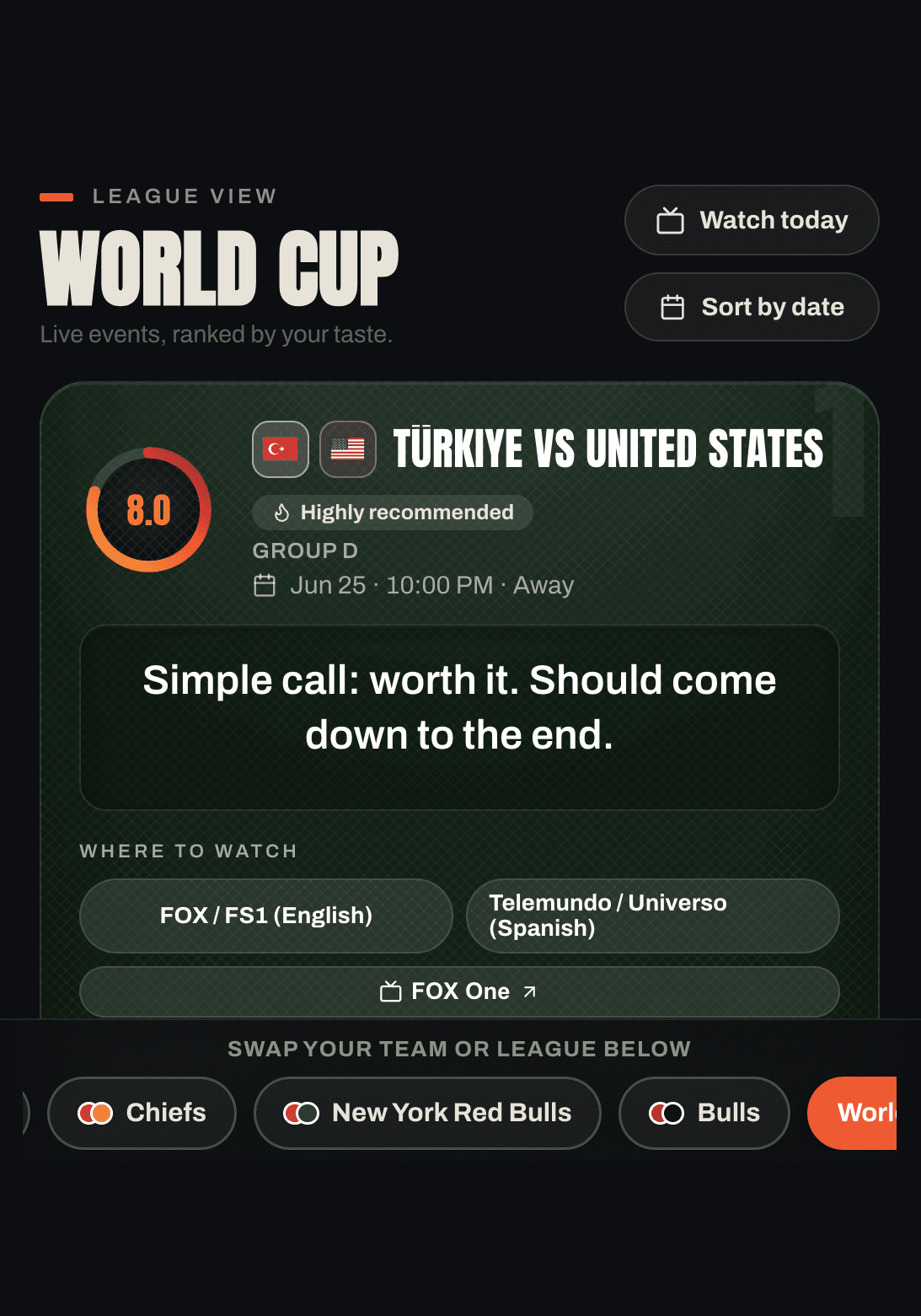 CourtVisual World Cup league view: Turkiye vs United States scored 8.0, both federation crests beside the matchup, green pitch color, and where-to-watch options.