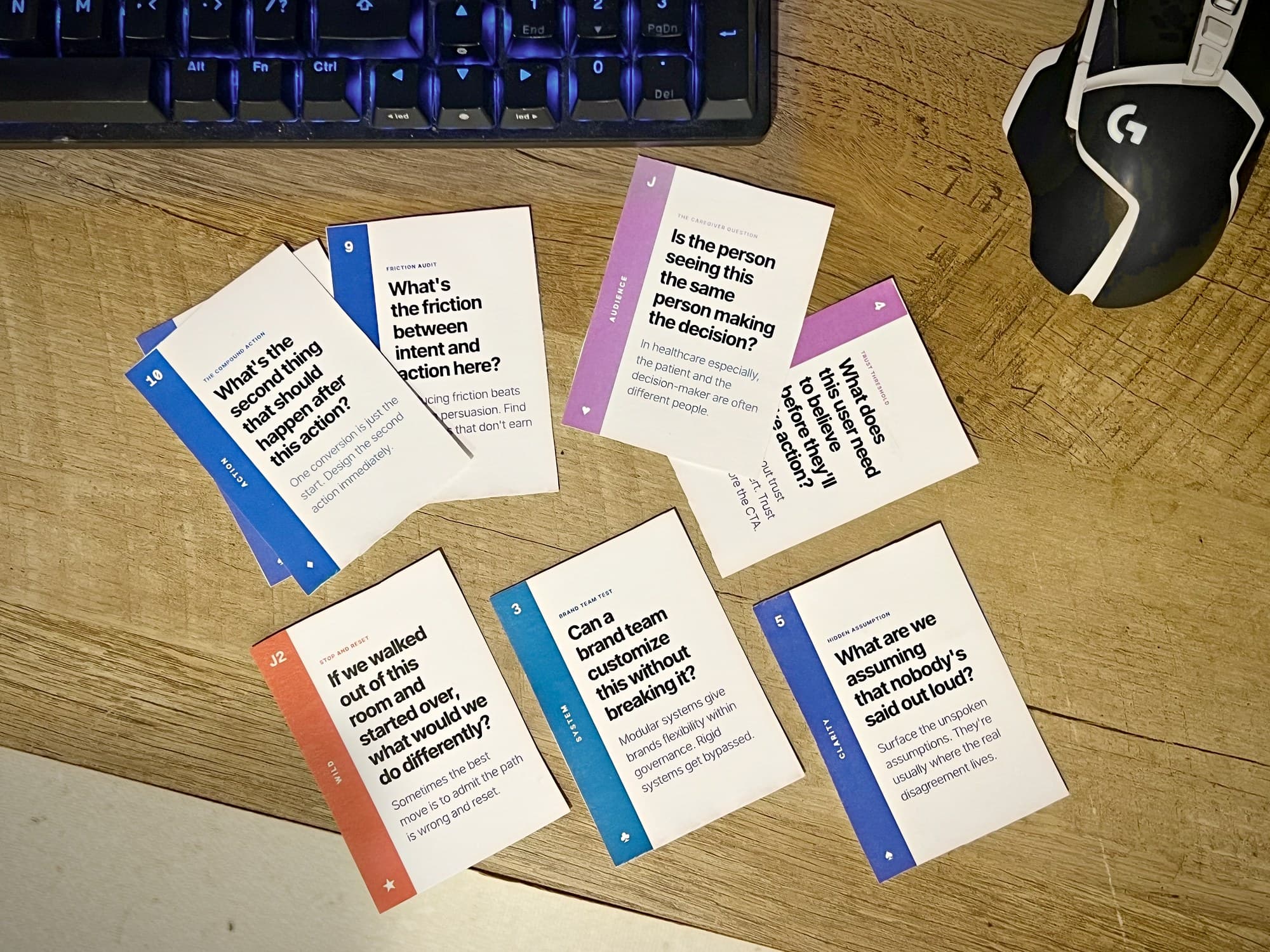 Seven printed Clarity Cards dealt across a wooden desk beside a keyboard and mouse