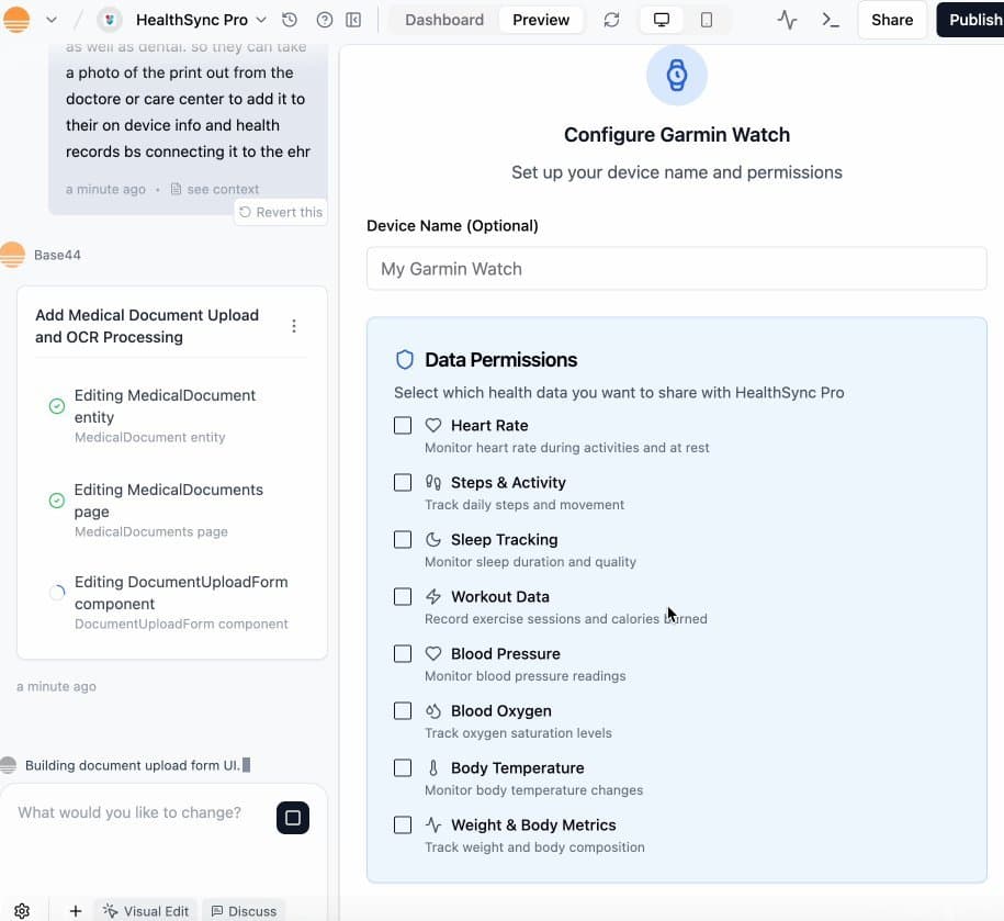 HealthSync Pro health-data integration on Base44 with granular consent toggles