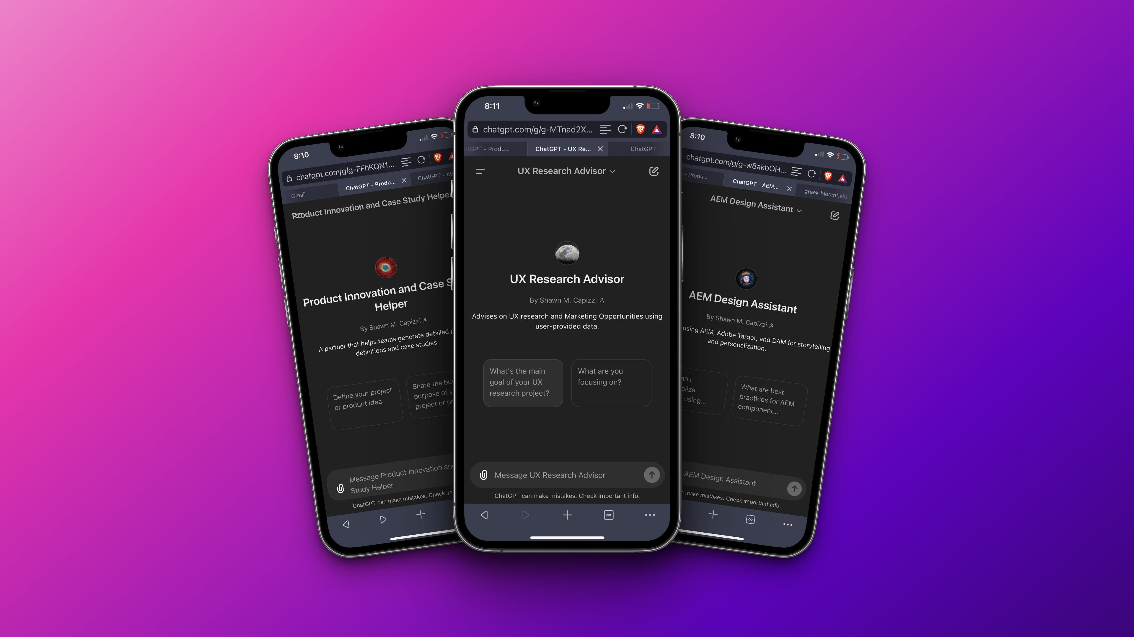 Three Custom GPTs rendered in mobile browsers