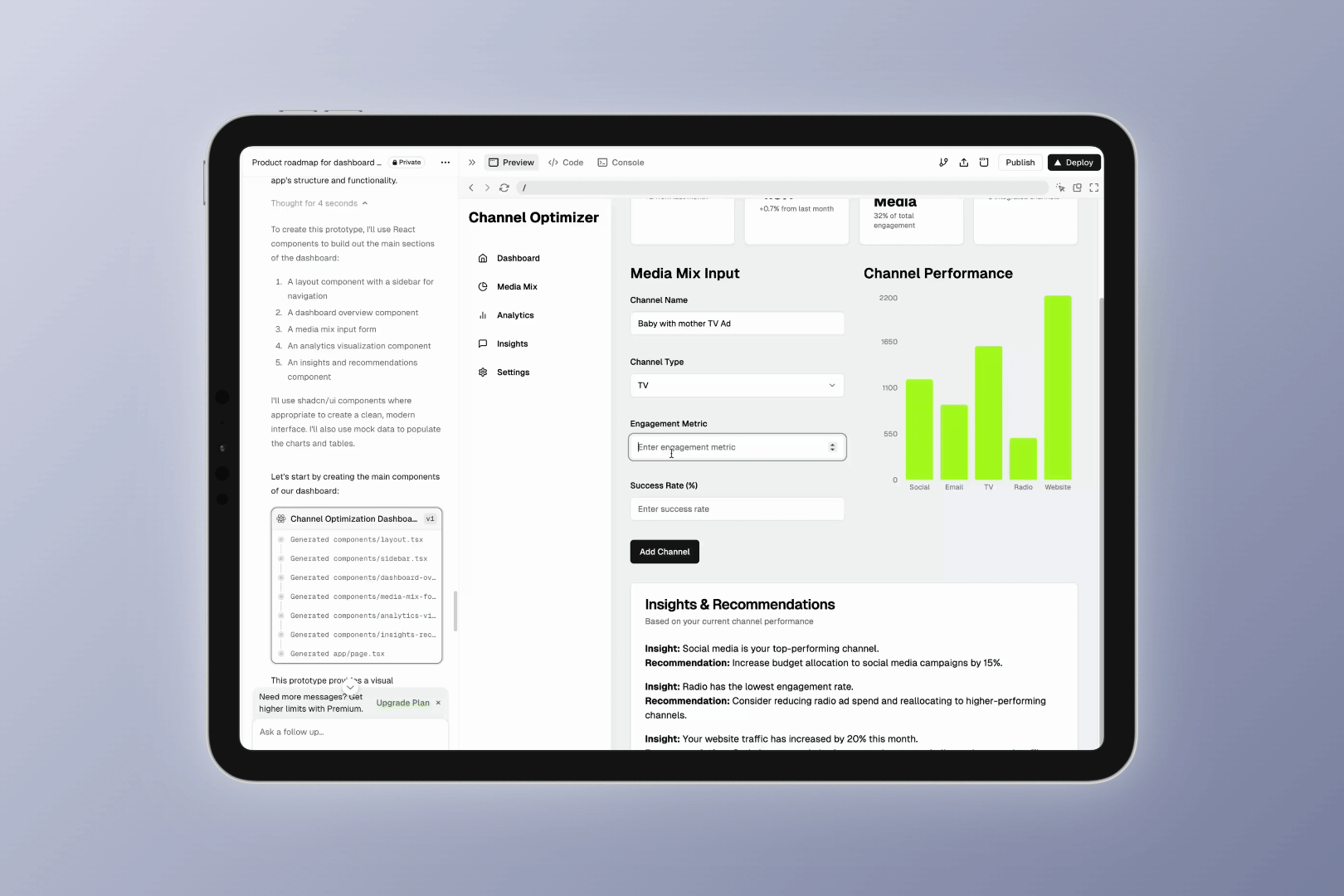 Channel Optimizer media-mix dashboard built in v0 environment