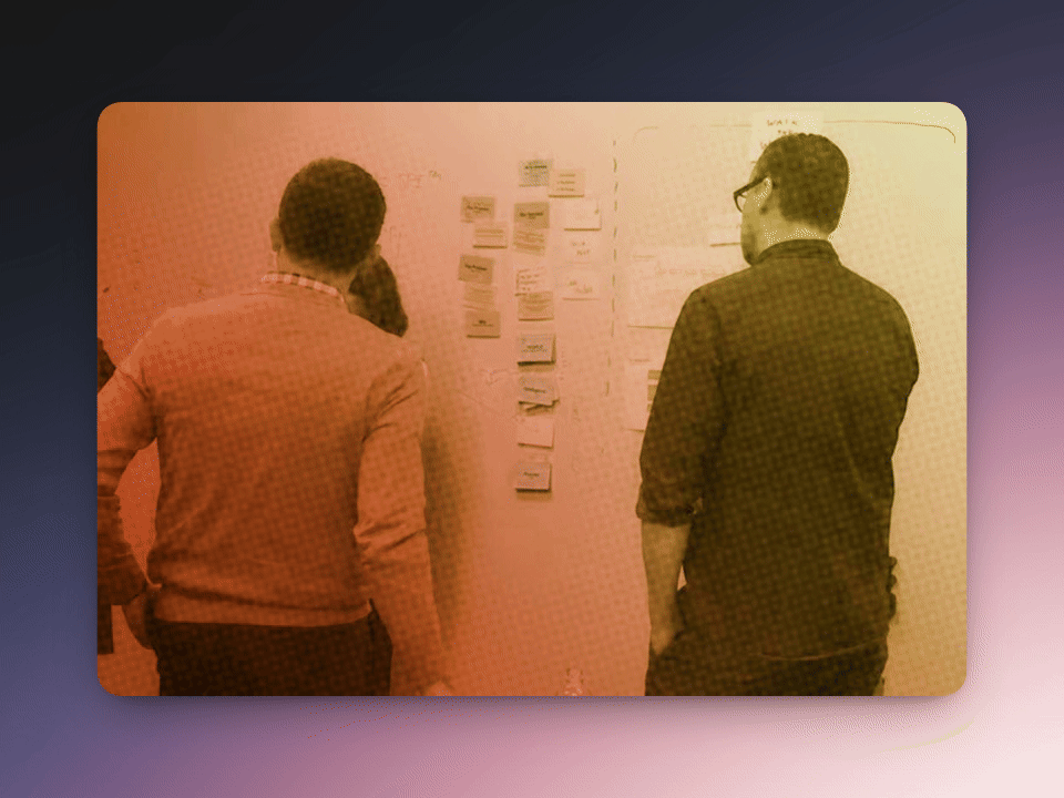Workshop facilitation, duotone — the human side of AI work